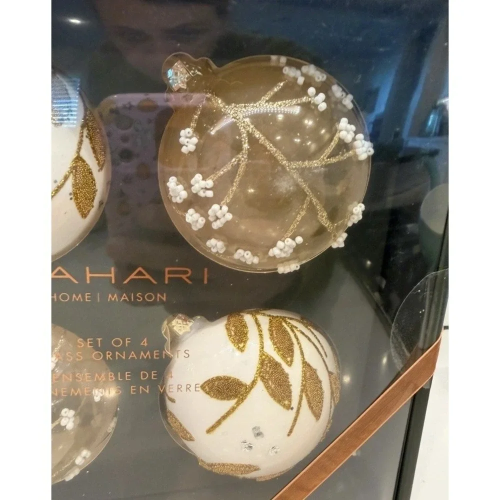 Tahari Home Set 4 Gold/Ivory Sparkle Glitter Glass Christmas Ornaments Luxury 3